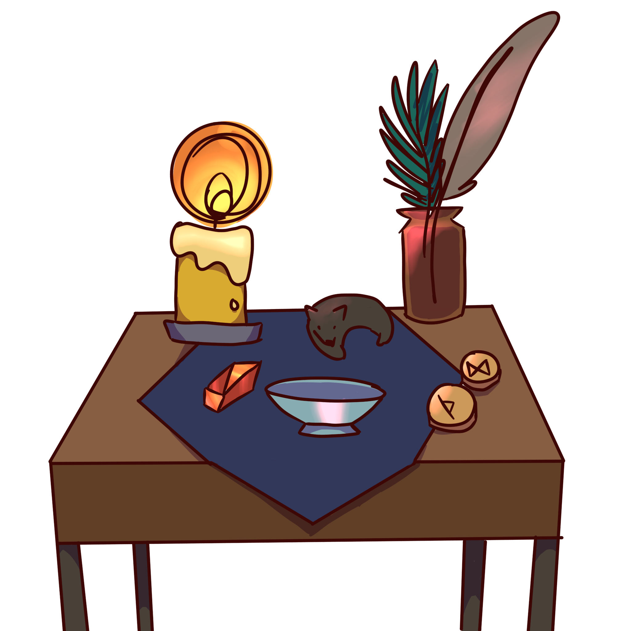  a small table with a blue cloth, red crystal, blue bowl, jar of plants and feathers, a candle, a small figure of a wolf and the runes dagaz and thurisaz on it.